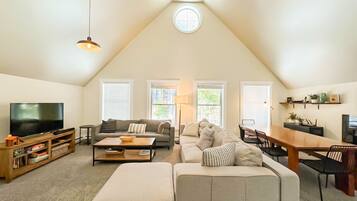 Smart TV, fireplace, books