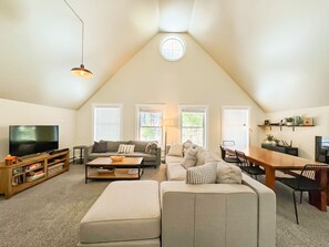 Smart TV, fireplace, books