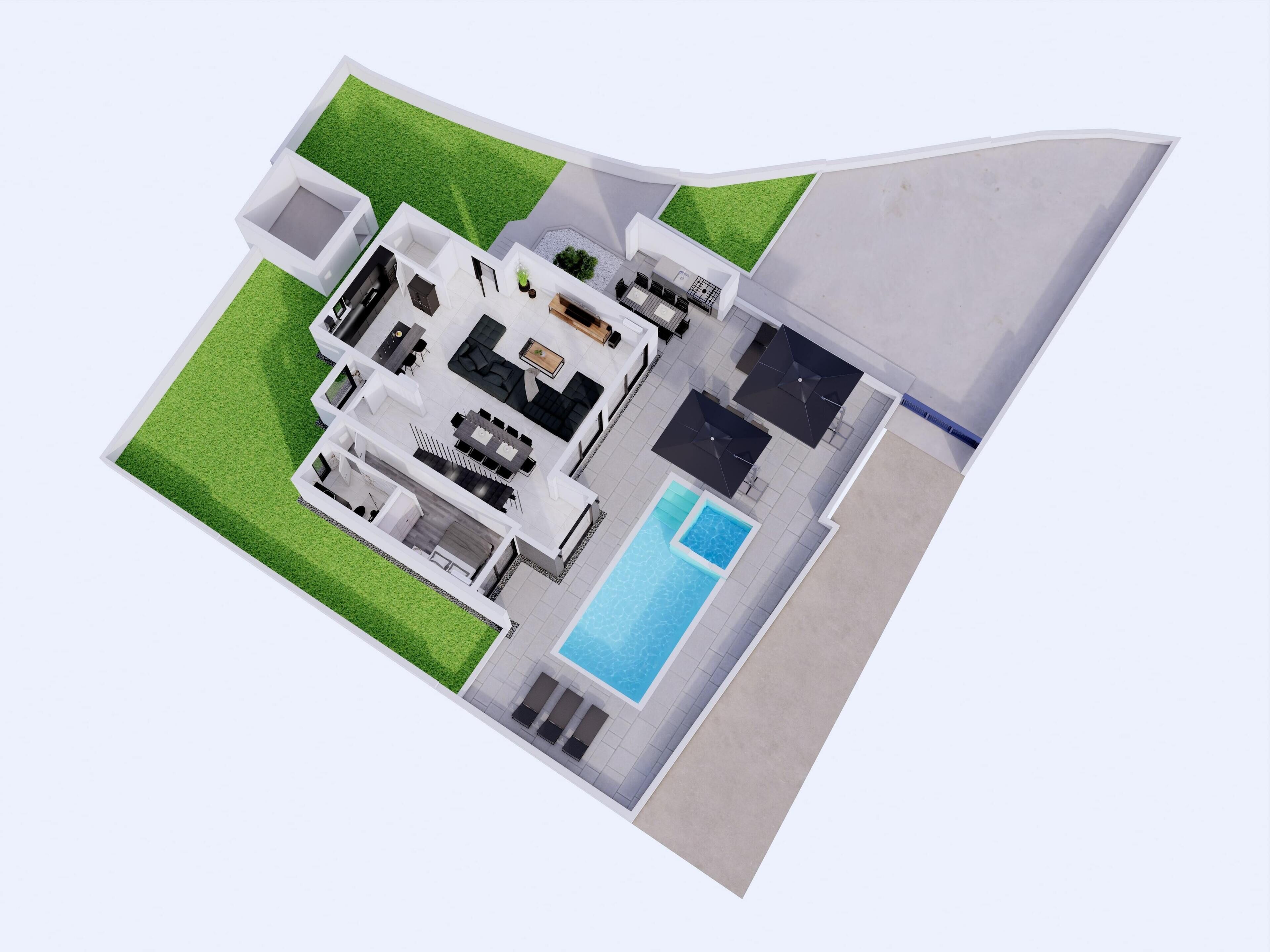 Distribución moderna de una casa con sala de estar, cocina, comedor y piscina.