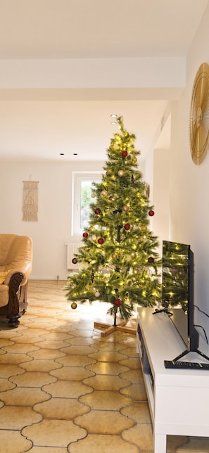 Un soggiorno con un albero di Natale, un divano, un termosifone e un pianoforte.