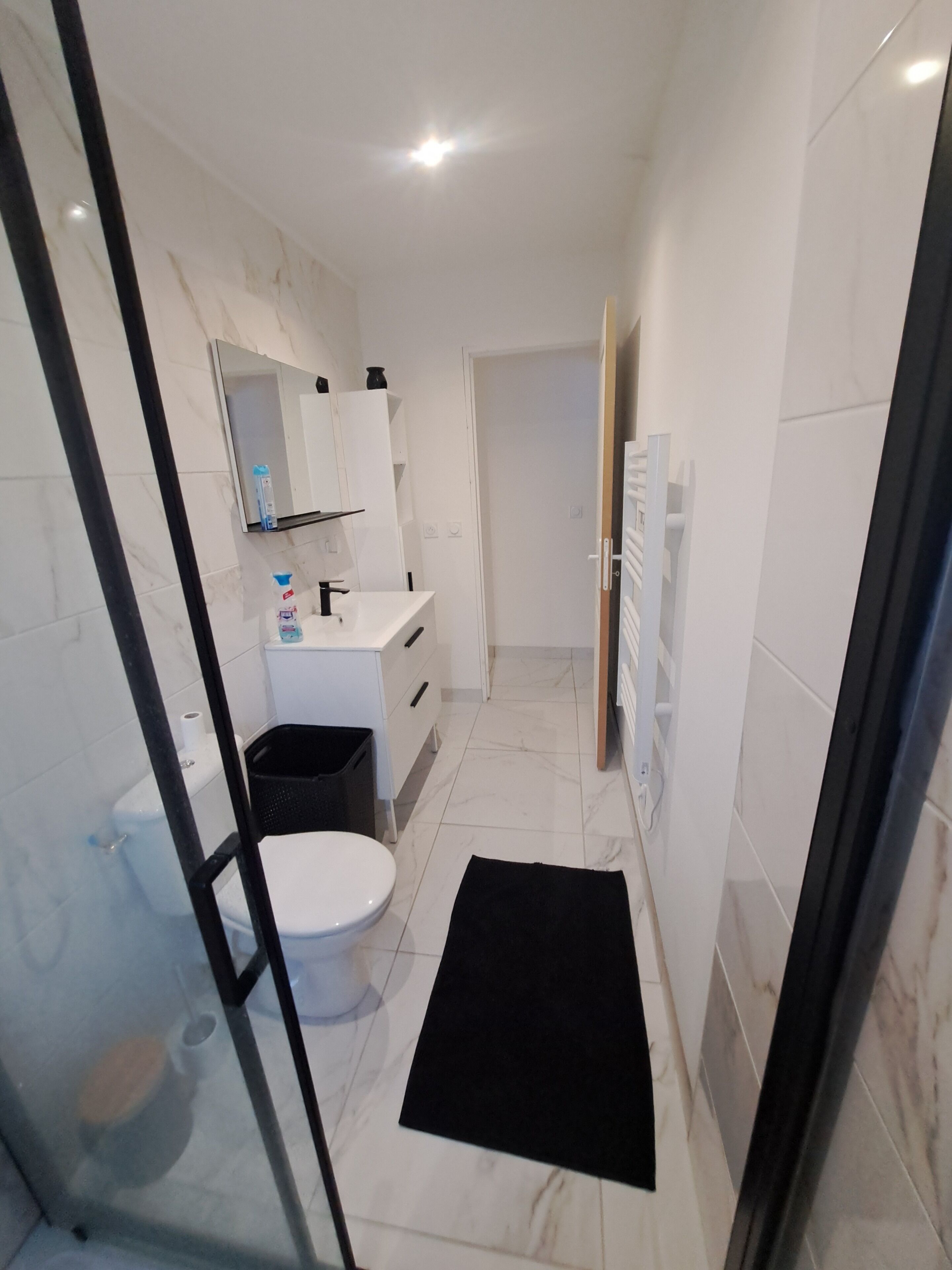Shower, hair dryer, towels, toilet paper