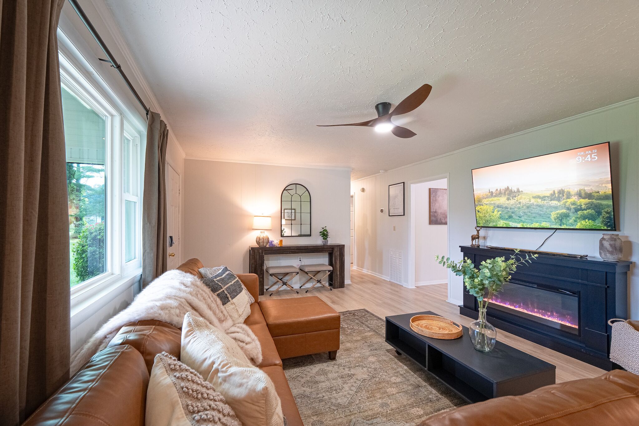 Smart TV, fireplace, foosball