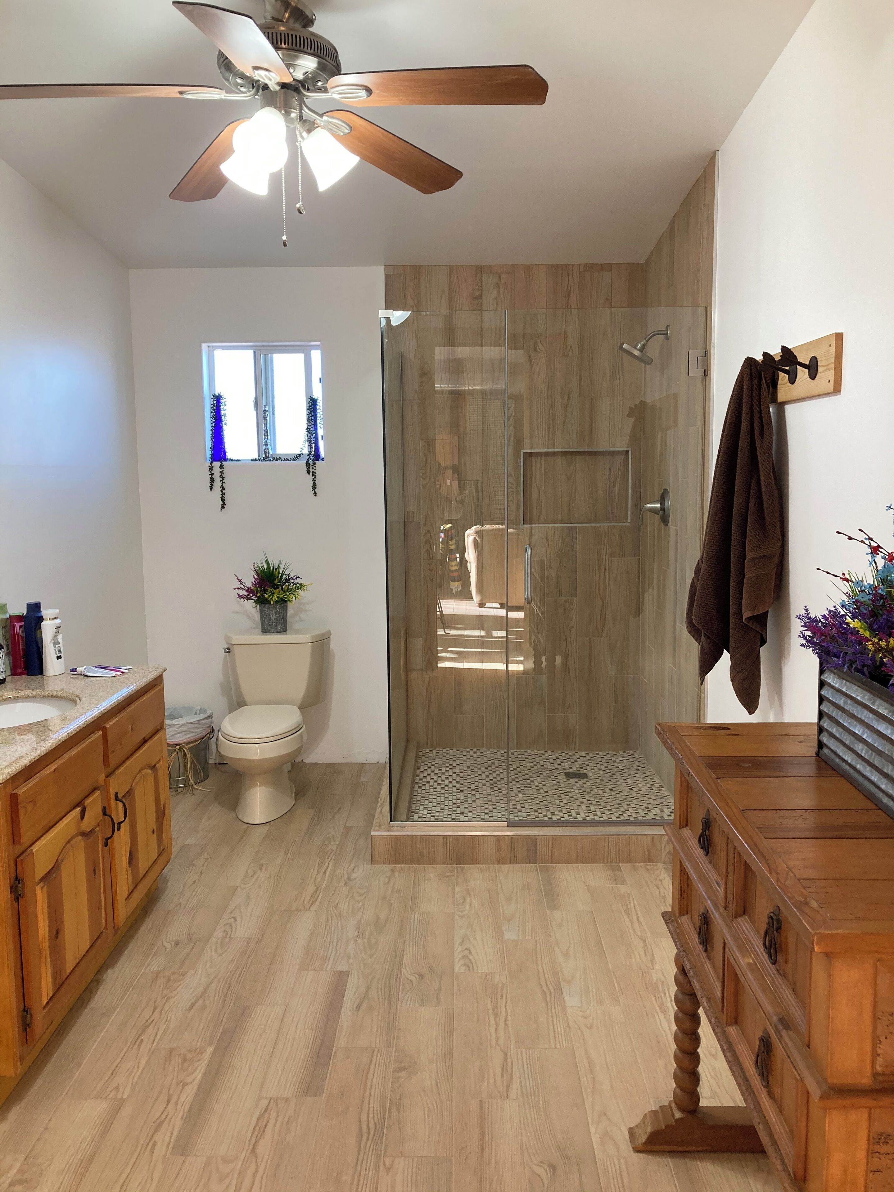 Shower, hair dryer, towels, soap