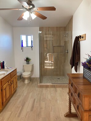 Shower, hair dryer, towels, soap