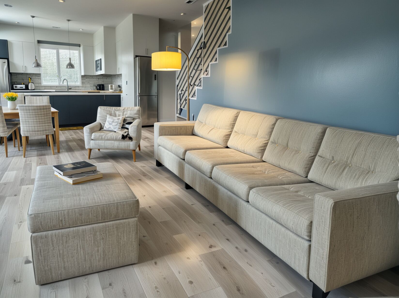 A modern living room with a sofa, ottoman, and a dining area with chairs.