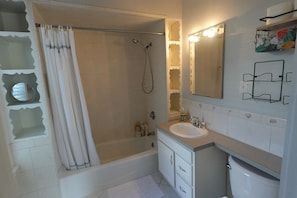 Hair dryer, towels, soap, toilet paper