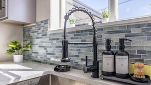 A modern kitchen with a stainless steel sink, a flexible faucet, and two soap dispensers on the countertop. - Hot Tub w Mountain View Pets OK (Westminster)
