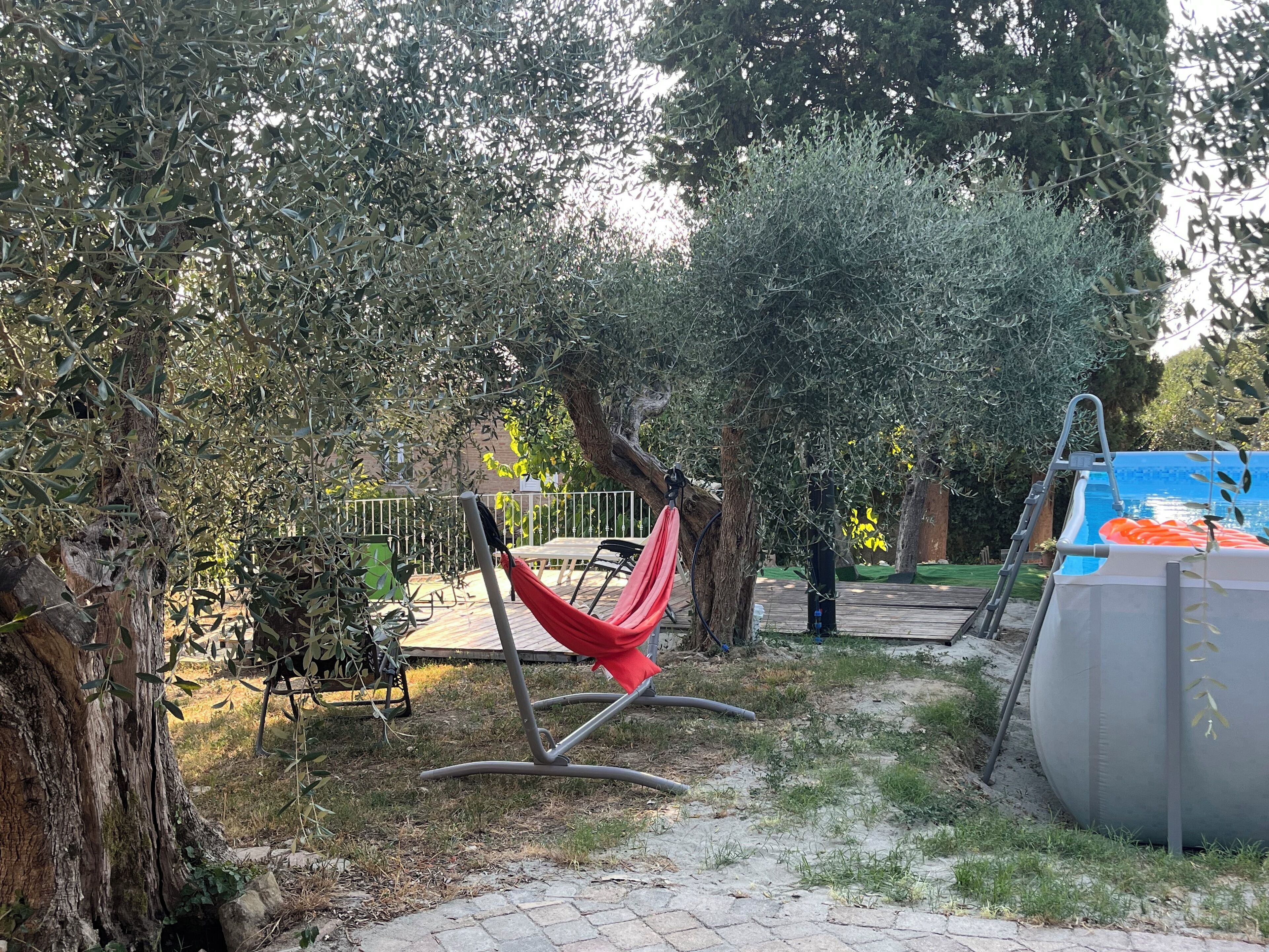 Un espace extérieur aménagé avec un hamac, une piscine et des arbres.