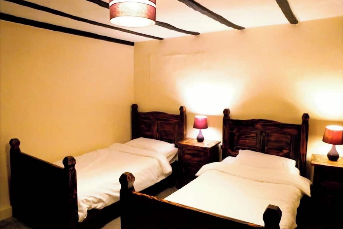 A room with two wooden beds, each with a nightstand and a lamp. The room has a sloped ceiling with exposed beams and a single hanging light fixture.