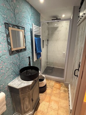 Shower, hair dryer, towels, soap