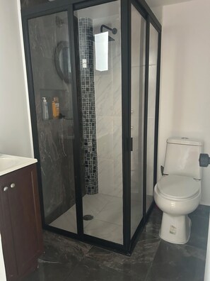 Regadera, toallas, jabón, papel de baño 