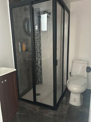 Regadera, toallas, jabón, papel de baño