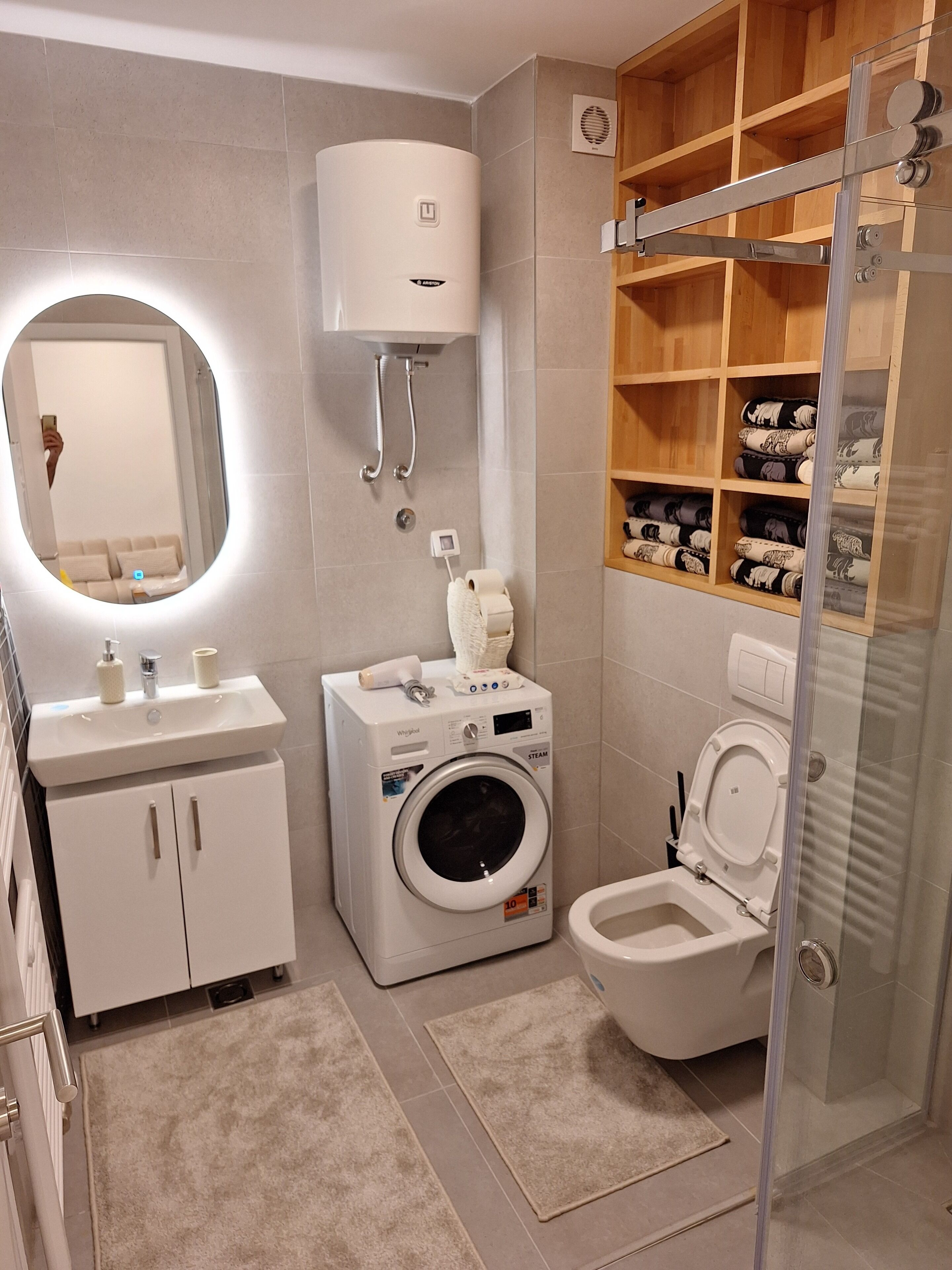 Hair dryer, towels, soap, shampoo