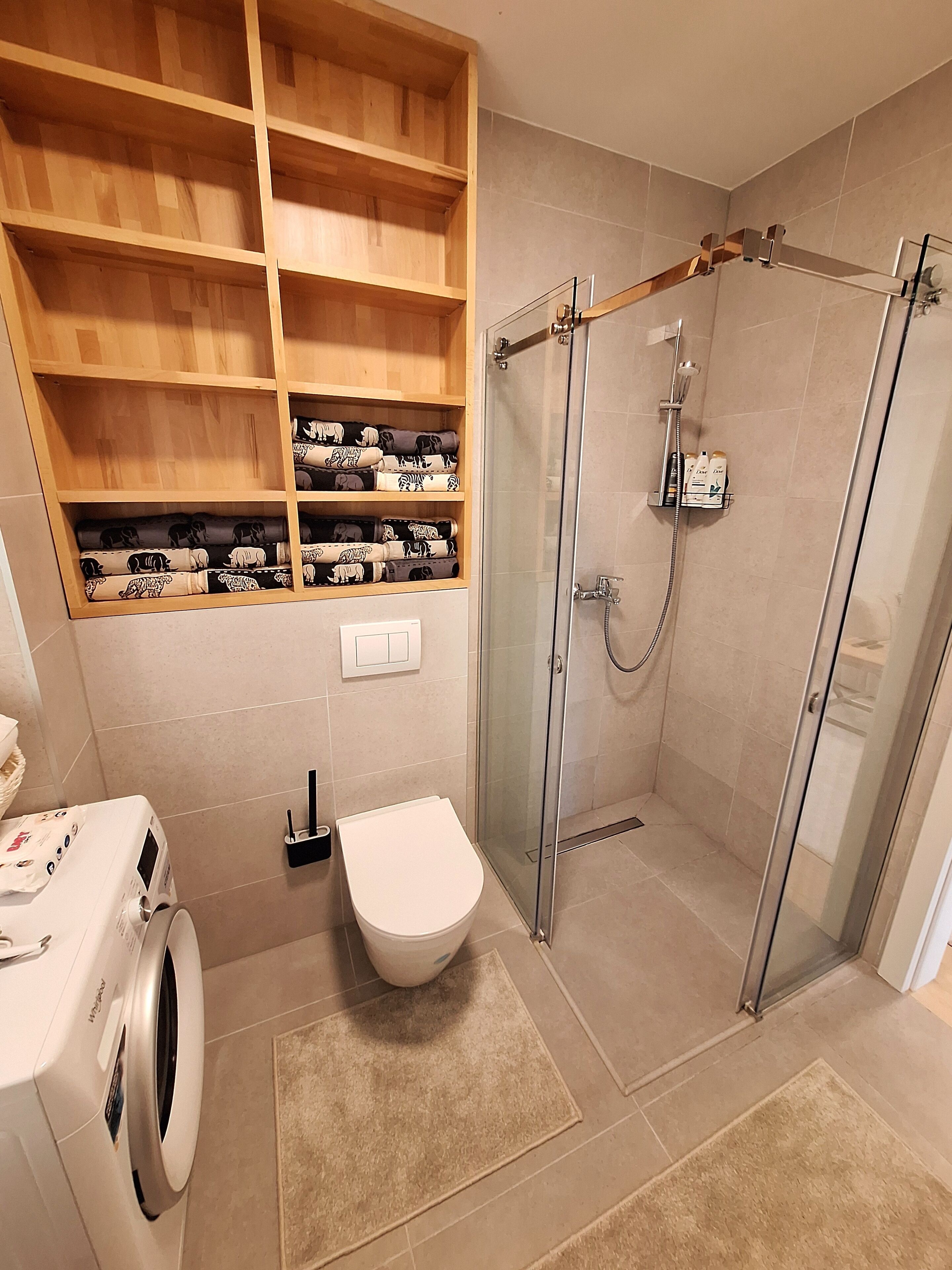 Hair dryer, towels, soap, shampoo