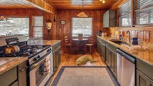 Une cuisine rustique aménagée dans une cabane en bois, avec un poêle, un évier et un coin repas.