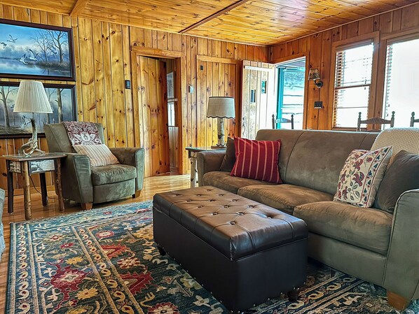 Smart TV, fireplace, books