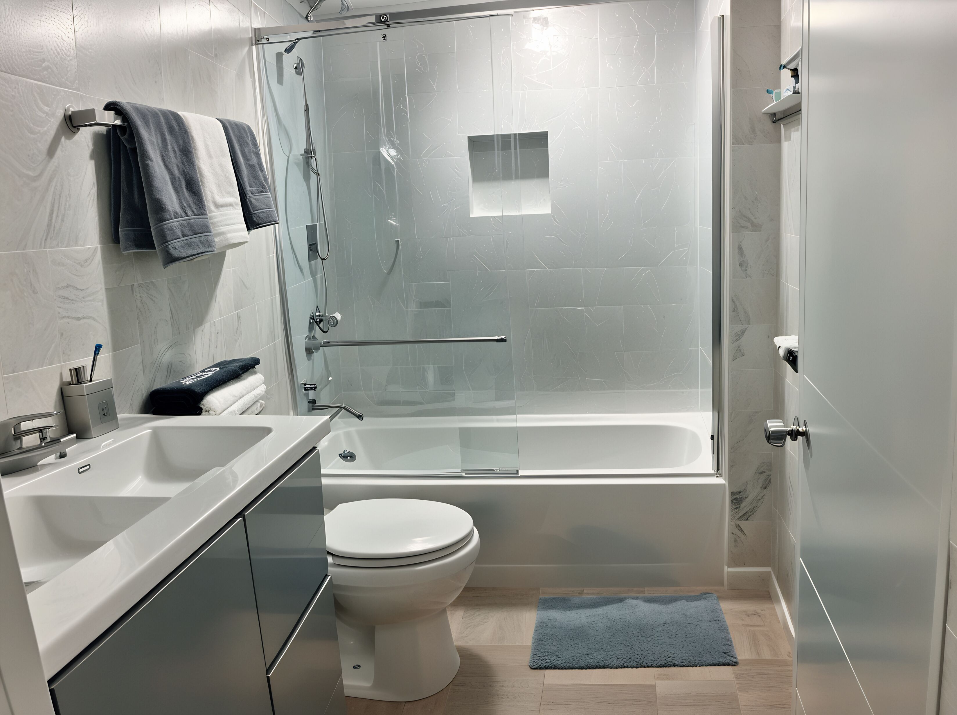 A modern bathroom with a glass-enclosed shower, a white bathtub, and a toilet.