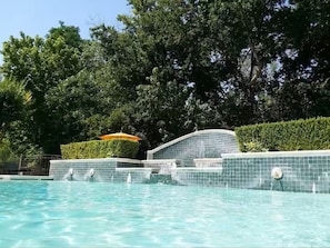 Una piscina con paredes de azulejos, rodeada de abundante vegetación y un seto.