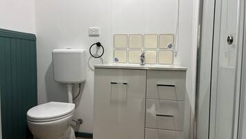 A bathroom with a toilet, a sink with a mirror, and a shower area.