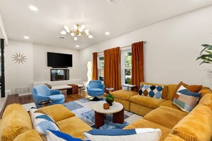 Smart TV, fireplace, books