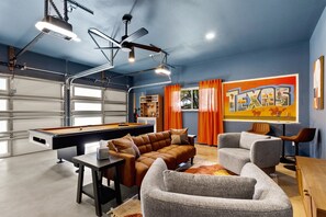 Smart TV, fireplace, books