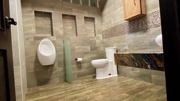 Hair dryer, towels, soap, toilet paper