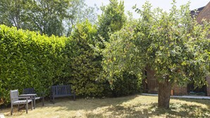 A garden with a bench, a tree with apples, and a hedge. - Bell House Oxford - The Quill (Oxford)