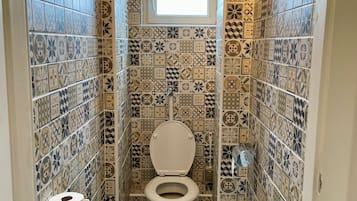 Bidet, towels, soap, toilet paper