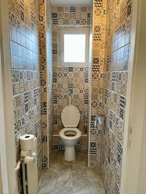 Bidet, towels, soap, toilet paper
