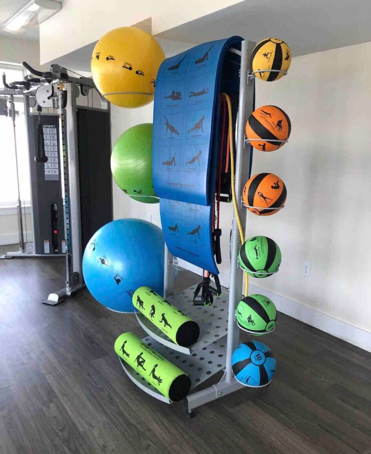A gym with exercise equipment including a wall-mounted rack holding various exercise balls and resistance bands.