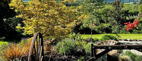 Un jardín con cerca rústica y montañas al fondo.