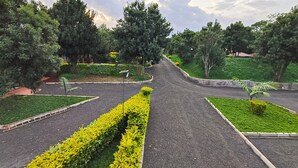 Ein gepflasterter Weg, gesäumt von grünen Hecken und Bäumen, der zu einem Gebäude in der Ferne führt.