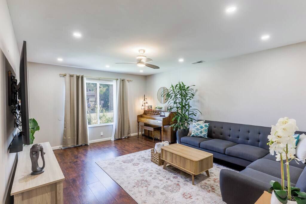 TV, fireplace, books