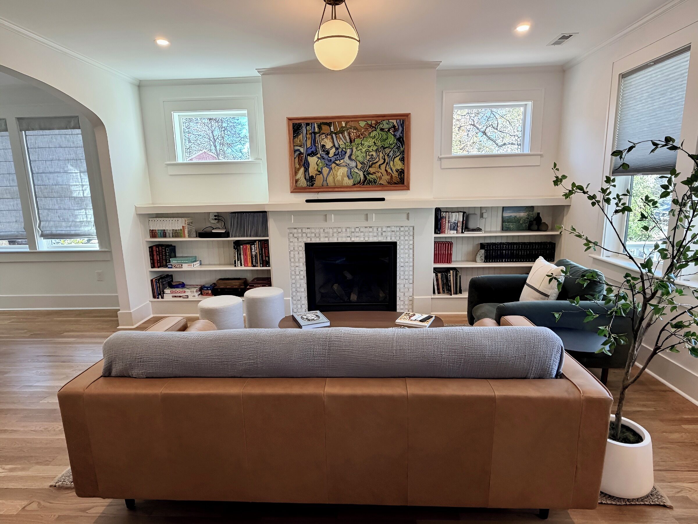 Smart TV, fireplace, books