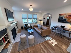 Smart TV, fireplace, books