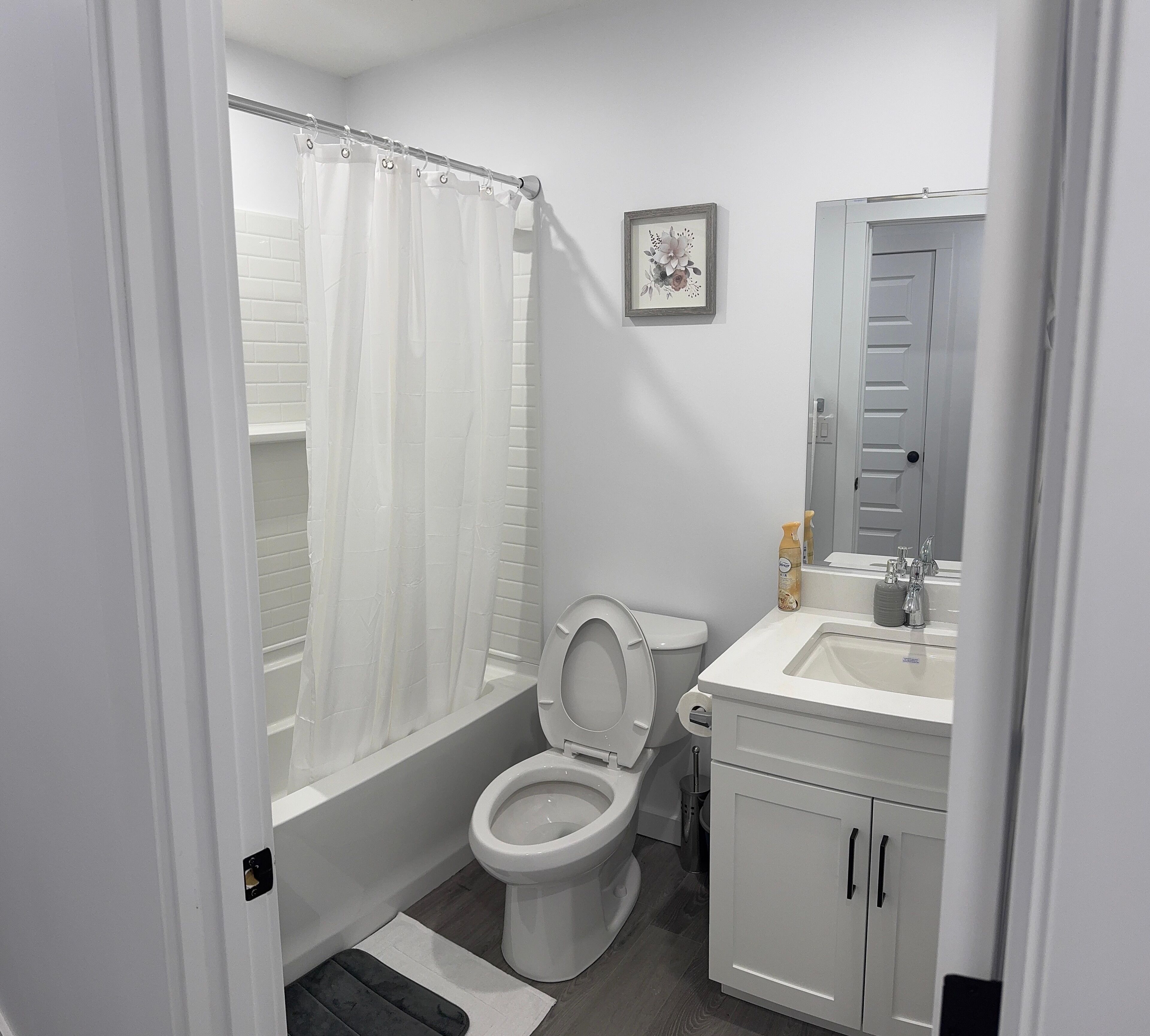 Ein Badezimmer mit Toilette, Waschbecken und Duschvorhang.
