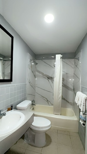 Combined shower/bathtub, free toiletries, towels, soap