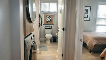 Hair dryer, towels, soap, shampoo