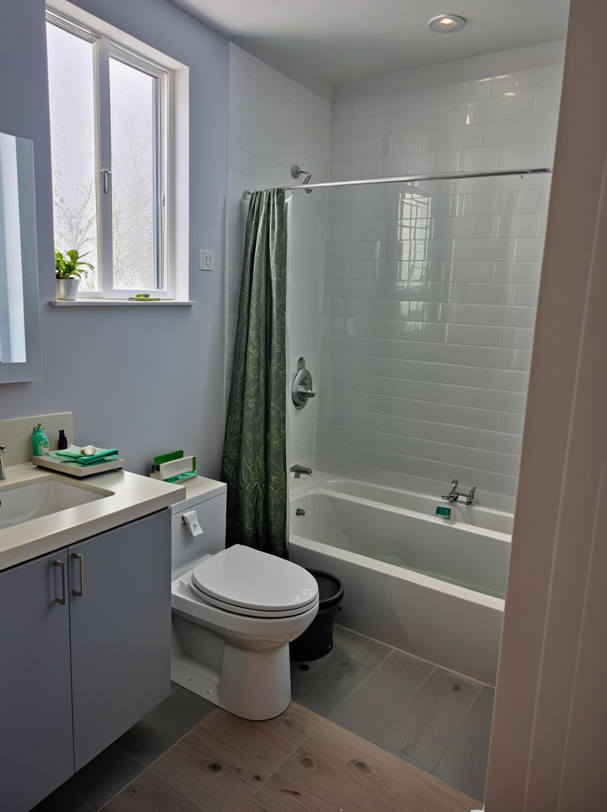 A modern bathroom with a toilet, sink, and bathtub.