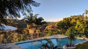 A swimming pool with a stone deck, surrounded by a grassy area and palm trees. - Garigal Retreat with Pool access (Forestville)
