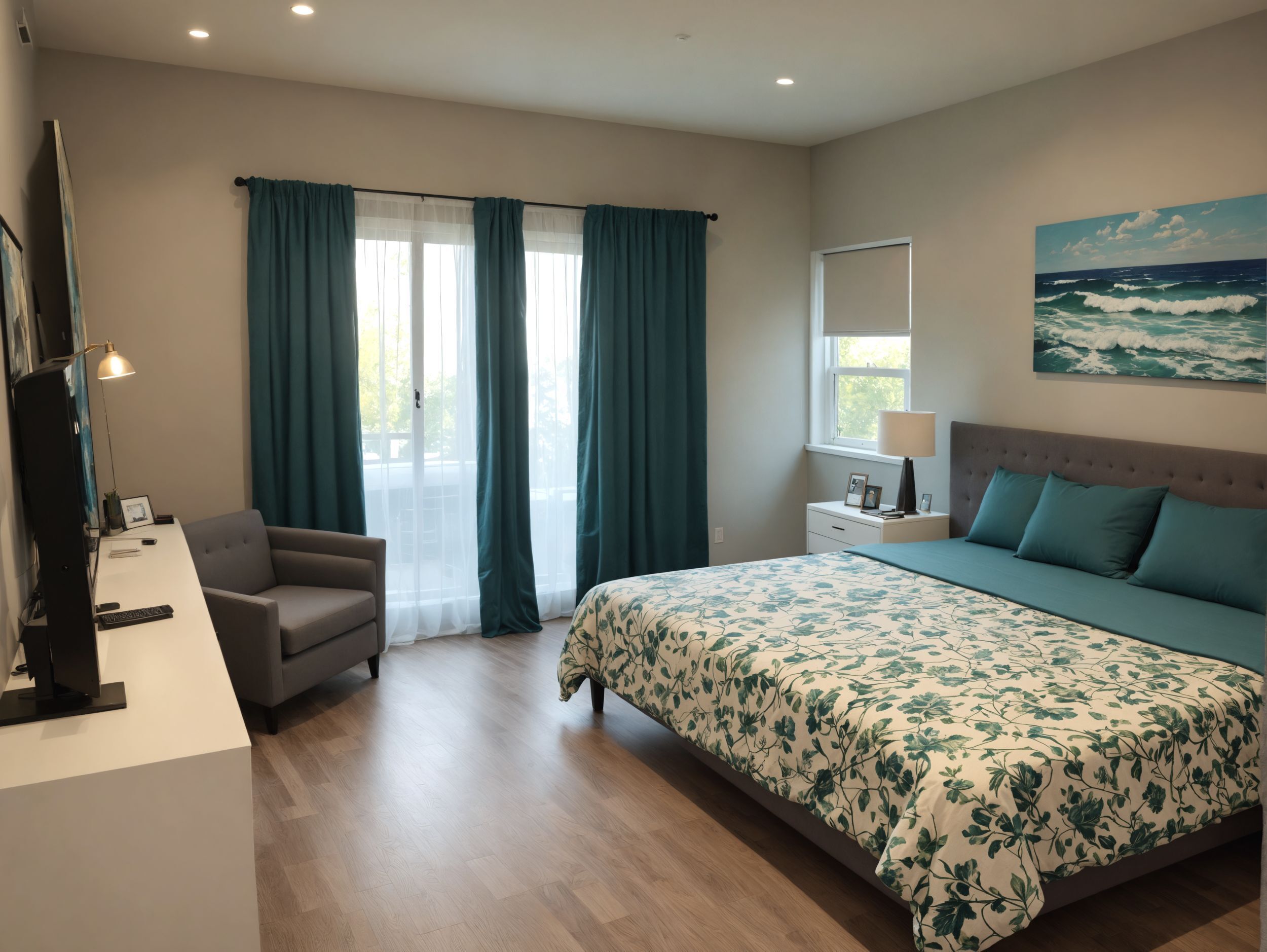 A bedroom with a bed, a desk, a chair, a TV, and a window with curtains.