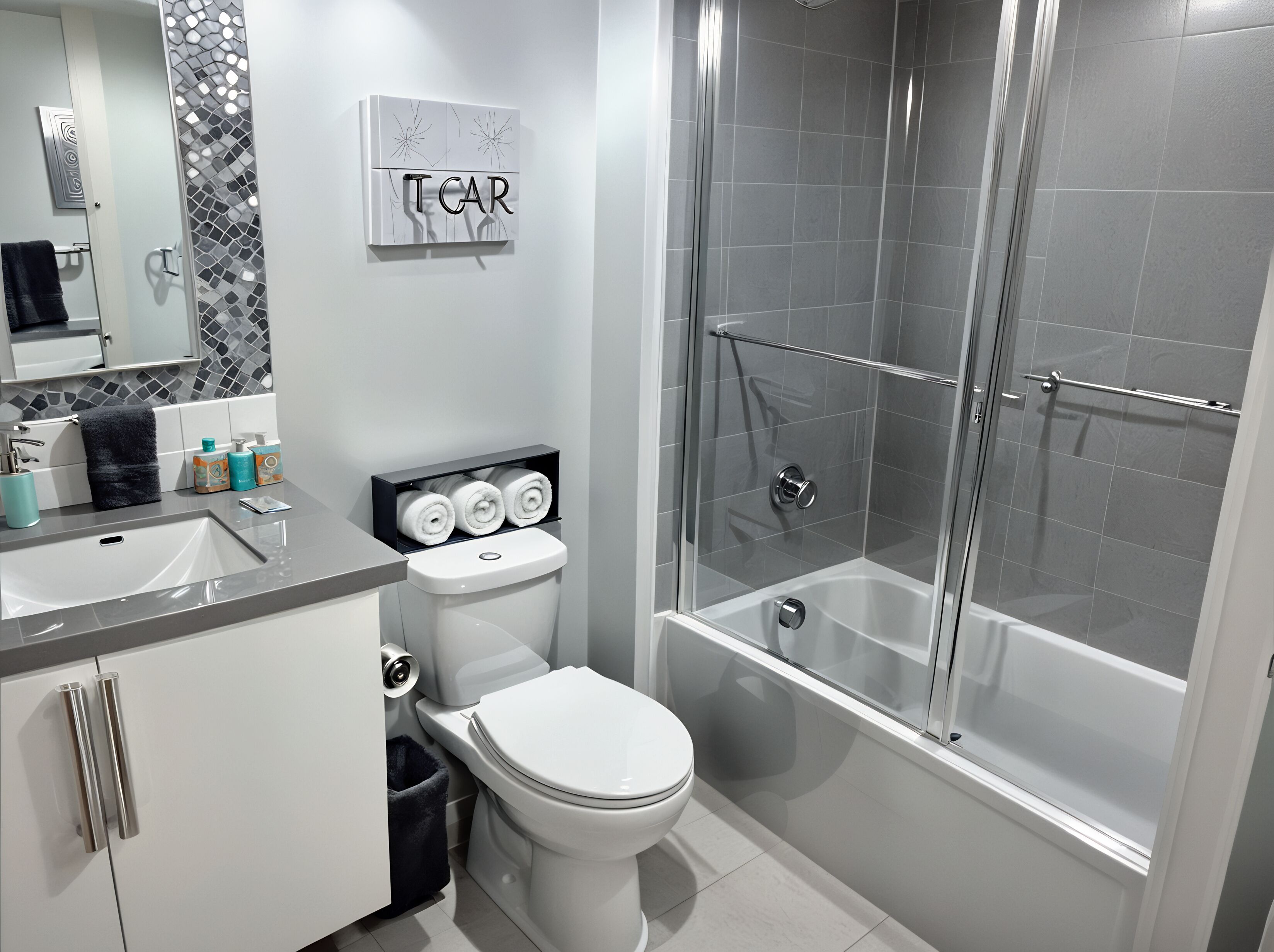 A modern bathroom with a shower, toilet, and sink.