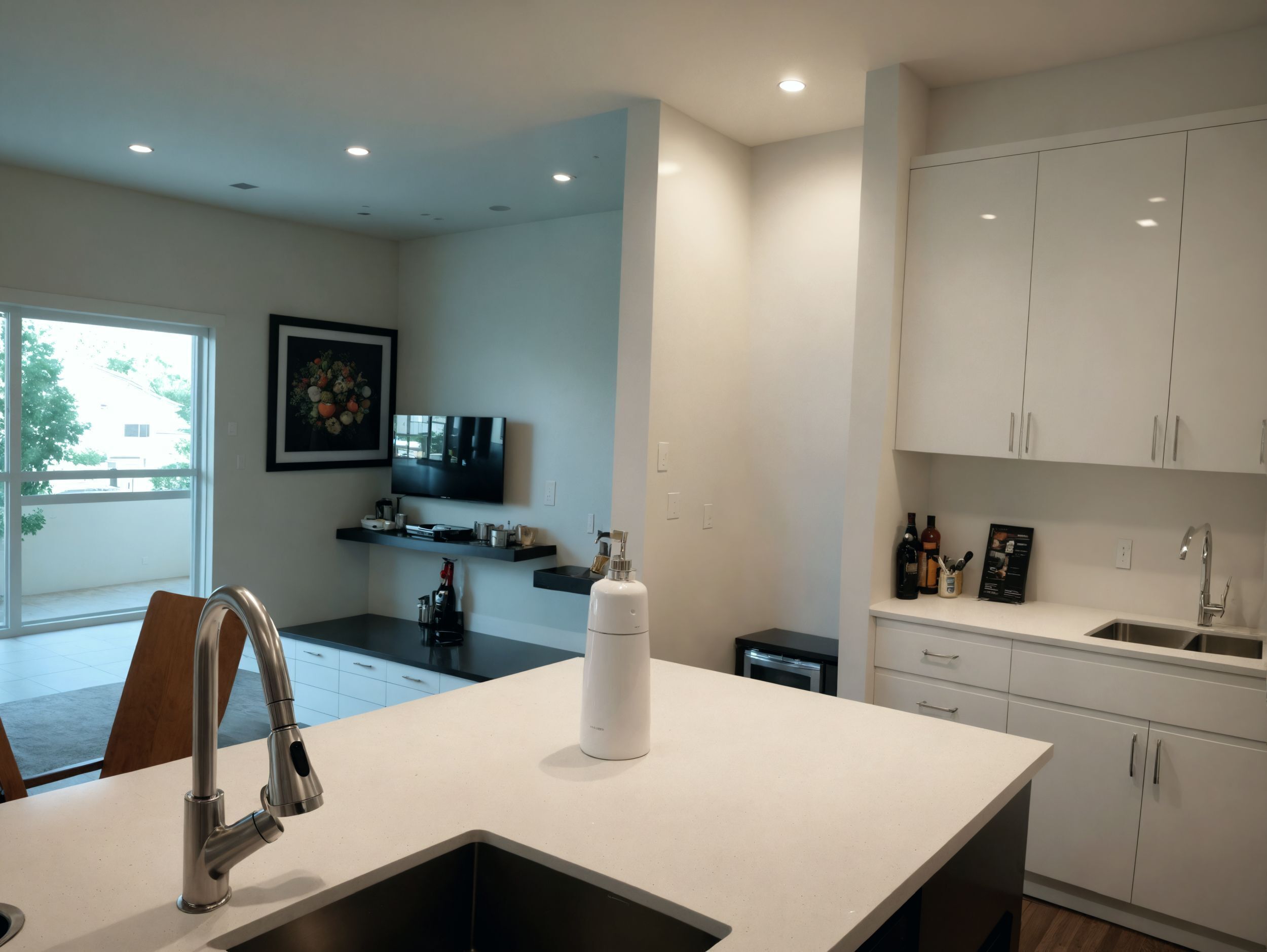A modern kitchen with white cabinets, a stainless steel sink, and a built-in oven.