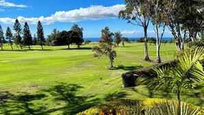 Ein gepflegter Golfplatz mit freiem Blick auf das Meer im Hintergrund.