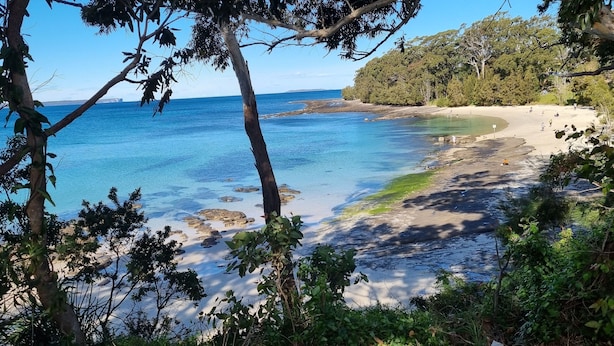 Paesaggio costiero con acque cristalline, spiaggia sabbiosa e vegetazione rigogliosa.