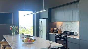 Fridge, microwave, oven, stovetop