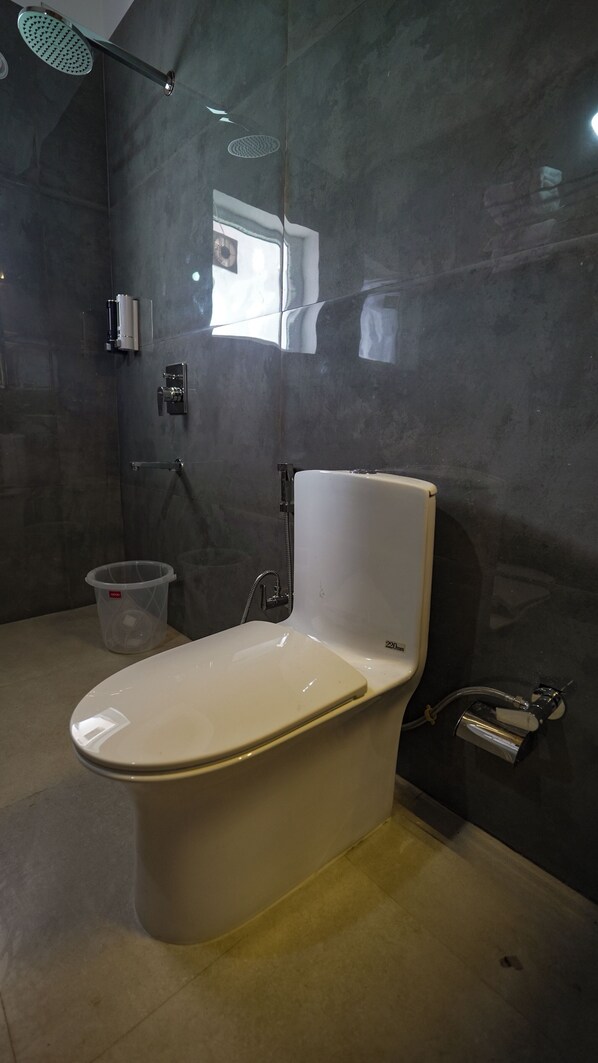 Hair dryer, slippers, towels, soap
