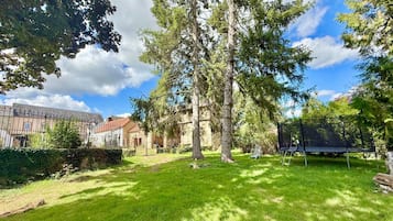 Un giardino con prato, un'altalena elastica, alberi e una recinzione.
