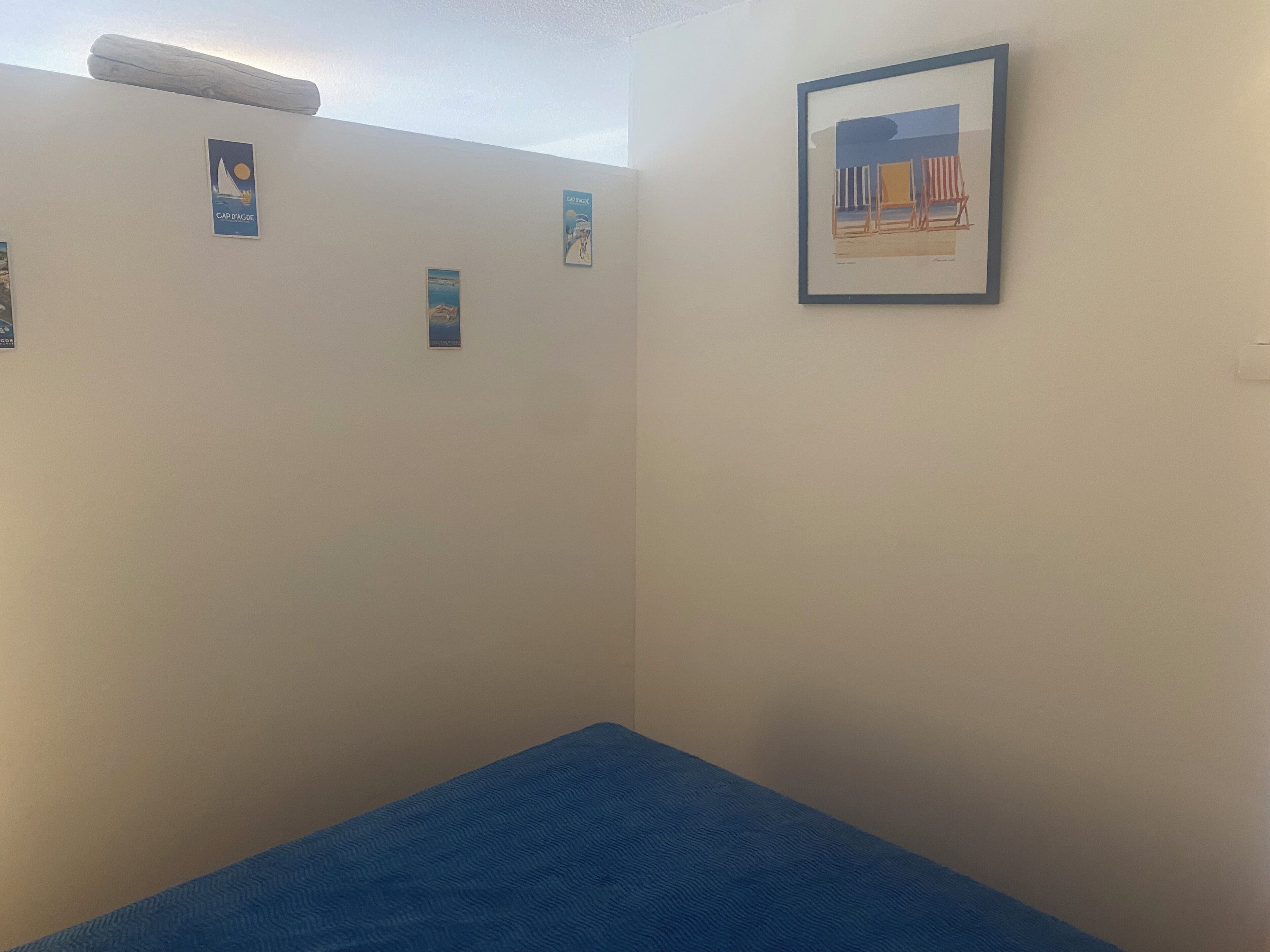 A room with a single bed, a framed picture on the wall, and three small posters.
