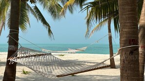 A hammock between palm trees on a beach with a view of the ocean. - Sea Shells Beach Resort  (Agatti Island)